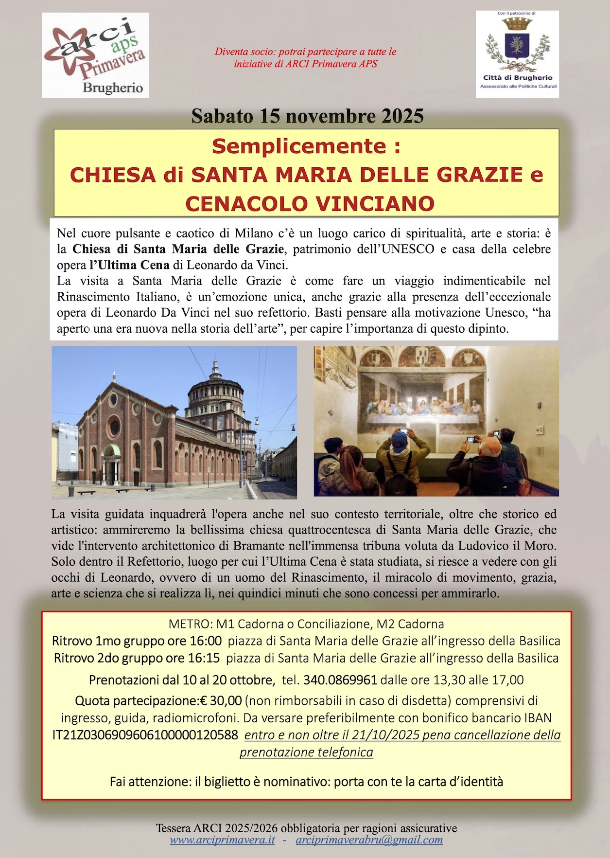 immagine Con ARCI Brugherio a Milano, la Chiesa di Santa Maria delle Grazie e l’Ultima Cena di Leonardo