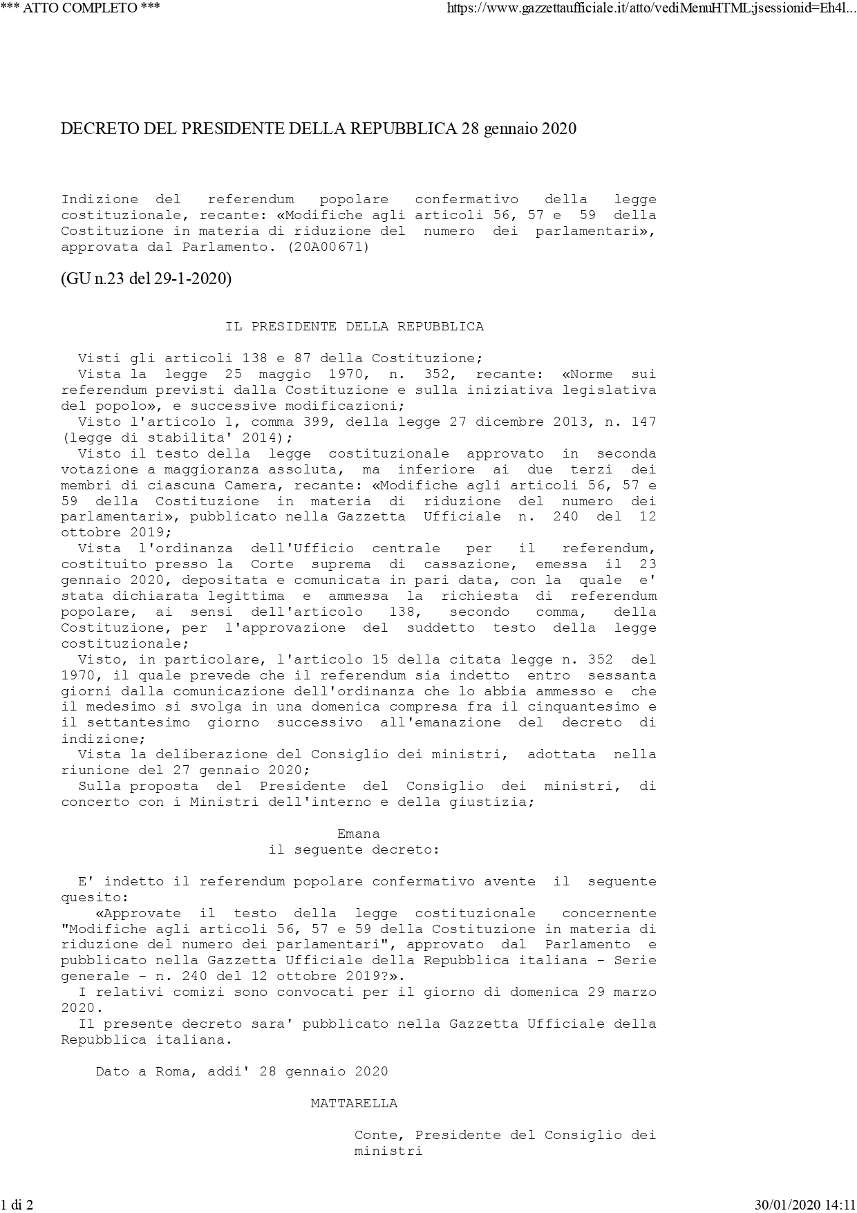 Immagine Referendum 29 marzo 2020: D.P.R. di convocazione dei comizi e tutte le info